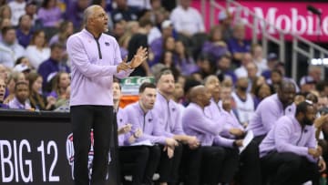 Kansas State coach Jerome Tang calls out plays in the first half of the quarterfinal round in the Big 12 Tournament inside the T-Mobile Center in Kansas City, Mo.