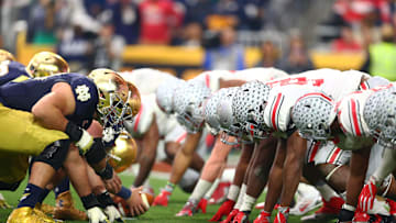 Jan 1, 2016; Glendale, AZ, USA; The Notre Dame Fighting Irish prepare to snap the ball against the Ohio State Buckeyes during the 2016 Fiesta Bowl at University of Phoenix Stadium. The Buckeyes defeated the Fighting Irish 44-28. Mandatory Credit: Mark J. Rebilas-Imagn Images