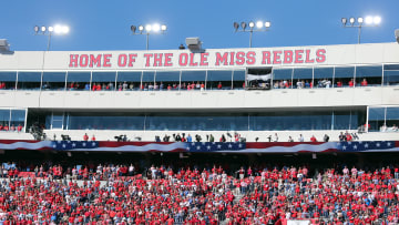 Nov 4, 2023; Oxford, Mississippi, USA; Mississippi Rebels fans during the national anthem prior to the game against the Texas A&M Aggies at Vaught-Hemingway Stadium. Mandatory Credit: Petre Thomas-USA TODAY Sports