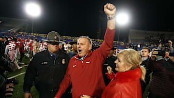Dec 27, 2024; Memphis, TN, USA; Arkansas Razorbacks head coach Sam Pittman reacts after defeating the Texas Tech Red Raiders at Simmons Bank Liberty Stadium. Mandatory Credit: Petre Thomas-Imagn Images