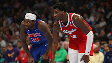 Nov 27, 2024; Memphis, Tennessee, USA; Detroit Pistons center Isaiah Stewart (28) and Memphis Grizzlies forward Jaren Jackson Jr. (13) wait for a free throw during the first quarter at FedExForum. Mandatory Credit: Petre Thomas-Imagn Images