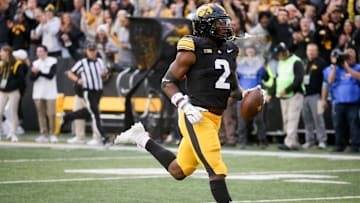 Iowa’s Kaleb Johnson (2) carries the ball to the endzone against Northwestern Saturday, Oct. 26, 2024 at Kinnick Stadium in Iowa City, Iowa.