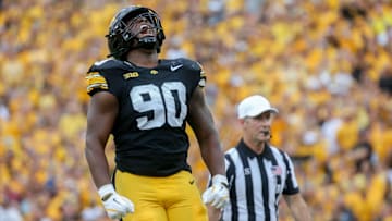 Iowa’s Brian Allen (90) celebrates after a play against Troy Saturday, Sept. 14, 2024 at Kinnick Stadium in Iowa City, Iowa.