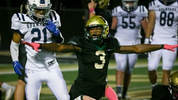 Iowa City West’s Julian Manson (3) celebrates after West’s defense stops Pleasant Valley on a third and goal Friday, Oct. 18, 2024 in Iowa City, Iowa.