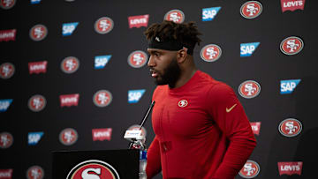 Jun 11, 2025; Santa Clara, CA, USA; San Francisco 49ers defensive end Bryce Huff (47) speaks to the media following a team OTA at Levi's Stadium. Mandatory Credit: D. Ross Cameron-Imagn Images