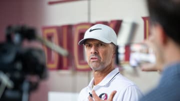 Florida State baseball coach Link Jarrett talks to the media before he and the team leaves to play in the College World Series in Omaha, Nebraska, Wednesday, June 12, 2024.