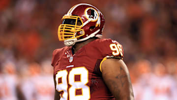 Aug 13, 2015; Cleveland, OH, USA; Washington Redskins defensive tackle Terrance Knighton (98) in a preseason NFL football game against the Cleveland Browns at FirstEnergy Stadium. Mandatory Credit: Andrew Weber-Imagn Images