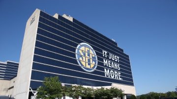 Jul 10, 2017; Hoover, AL, USA; The Southeastern Conference logo is shown on the Hyatt Regency Birmingham-The Winfrey Hotel during SEC media days at Hyatt Regency Birmingham-The Winfrey Hotel. Mandatory Credit: Jason Getz-USA TODAY Sports