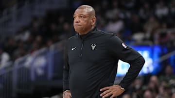 Feb 23, 2025; Milwaukee, Wisconsin, USA;  Milwaukee Bucks head coach Doc Rivers looks on during the first quarter against the Miami Heat at Fiserv Forum. Mandatory Credit: Jeff Hanisch-Imagn Images