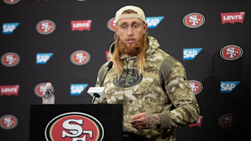 Jul 23, 2025; Santa Clara, CA, USA; San Francisco 49ers tight end George Kittle answers questions from reporters following the first day of training camp at SAP Performance Facility. 