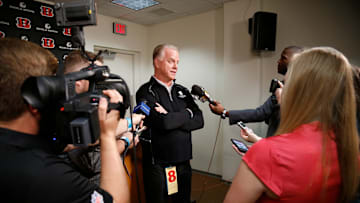 Former Cincinnati Bengals quarterback Boomer Esiason takes questions in an improvised press conference ahead of the Week 13 game between the Bengals and the Pittsburgh Steelers in downtown Cincinnati on Monday, Dec. 4, 2017.