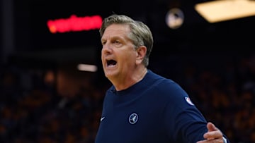 May 10, 2025; San Francisco, California, USA; Minnesota Timberwolves head coach Chris Finch yells at the referee in the fourth quarter against the Golden State Warriors during game three in the second round for the 2025 NBA Playoffs at Chase Center. Mandatory Credit: David Gonzales-Imagn Images