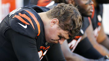 Cincinnati Bengals defensive end Trey Hendrickson (91) hangs his head on the sideline in the fourth quarter of the NFL Week 9 game between the Cincinnati Bengals and the Cleveland Browns at Paul Brown Stadium in Cincinnati on Sunday, Nov. 7, 2021. Cleveland kept a halftime lead to clinch a 41-16 win over the Bengals.