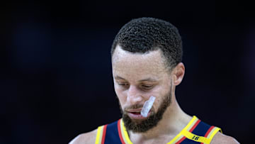 Mar 13, 2025; San Francisco, California, USA; Golden State Warriors guard Stephen Curry (30) awaits the resumption of play against the Sacramento Kings during the third quarter at Chase Center. Mandatory Credit: D. Ross Cameron-Imagn Images