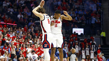 Jan 11, 2025; Oxford, Mississippi, USA; Mississippi Rebels guard Matthew Murrell (11) reacts with guard Eduardo Klafke (8) after a basket during the first half against the LSU Tigers at The Sandy and John Black Pavilion at Ole Miss. Mandatory Credit: Petre Thomas-Imagn Images