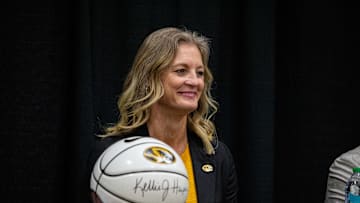 March 31, 2025; Columbia, Missouri, USA; Missouri Tigers women's basketball head coach Kellie Harper at her introductory press conference in the Mizzou Arena Practice Gym.