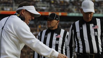 Nov 8, 2025; Columbia, Missouri, USA; Missouri Tigers head coach Eli Drinkwitz argues with the referees in the Missouri matchup against Texas A&M at Faurot Field.