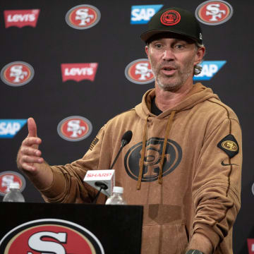 Jul 25, 2024; Santa Clara, CA, USA; San Francisco 49ers defensive coordinator Nick Sorensen answers questions at a press conference following Day 3 of training camp at SAP Performance Facility. Mandatory Credit: D. Ross Cameron-USA TODAY Sports