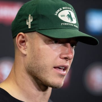 Jul 25, 2024; Santa Clara, CA, USA; San Francisco 49ers running back Christian McCaffrey answers questions at a press conference following Day 3 of training camp at SAP Performance Facility. Mandatory Credit: D. Ross Cameron-USA TODAY Sports