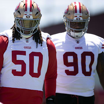 May 9, 2025; Santa Clara, CA, USA; San Francisco 49ers defensive line tryouts Ali Saad (74), C.J. West (50) and DíQuan Douse (90) wait for their turn at a blocking drill during the teamís rookie minicamp. Mandatory Credit: D. Ross Cameron-Imagn Images