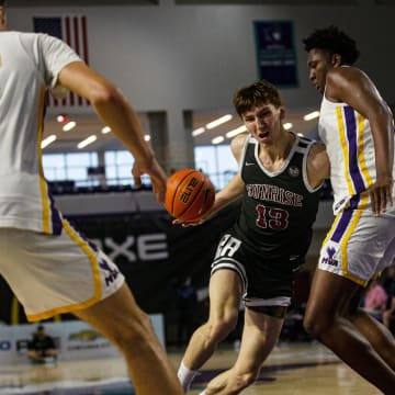 Matas Buzelis from Sunrise Christian Academy drives to the basket during the GEICO High School Nationals quarterfinal against Montverde at Suncoast Credit Union Arena on Thursday, March 30, 2023.

Sunrise Wins003