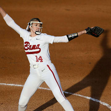 Mar 20, 2023; Tuscaloosa, AL, USA; Alabama pitcher Montana Fouts (14) pitches against Arkansas during Alabama  s 2-1 loss in extra innings. 