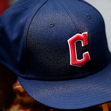 A ball cap sports the Cleveland Guardians logo in the third inning of the MLB Inter-league game between the Cincinnati Reds and the Cleveland Guardians at Great American Ball Park in downtown Cincinnati on Tuesday, April 12, 2022.