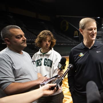 Oregon coach Dana Altman talks to media at Matthew Knight Arena Sunday afternoon after learning where the Ducks are headed for the 2024 NCAA Tournament.