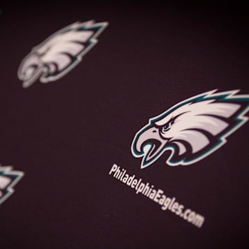 May 24, 2016; Philadelphia, PA, USA; Philadelphia Eagles graphics and logos on the interview background at OTS's at the NovaCare Complex. Mandatory Credit: Bill Streicher-Imagn Images