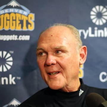 Apr 10, 2013; Denver, CO, USA; Denver Nuggets head coach George Karl speaks to the media before the game against the San Antonio Spurs  at the Pepsi Center.  Mandatory Credit: Chris Humphreys-USA TODAY Sports