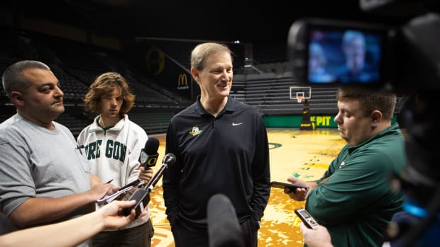 Oregon coach Dana Altman talks to media at Matthew Knight Arena 