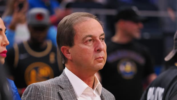 Nov 12, 2023; San Francisco, California, USA; Golden State Warriors majority owner Joe Lacob on the sideline after a loss against the Minnesota Timberwolves at Chase Center. Mandatory Credit: Kelley L Cox-USA TODAY Sports