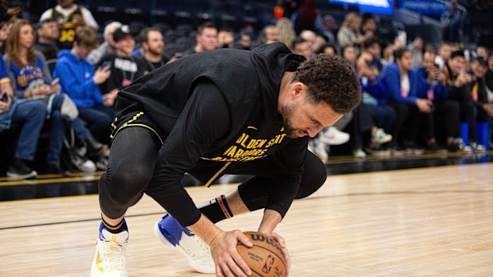 Mar 20, 2024; San Francisco, California, USA; Golden State Warriors guard Klay Thompson stretches