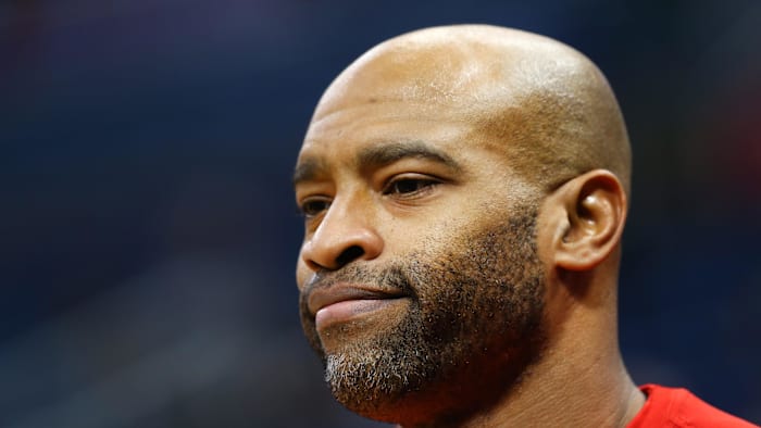 Feb 10, 2020; Orlando, Florida, USA;  Atlanta Hawks guard Vince Carter (15) looks on prior to the