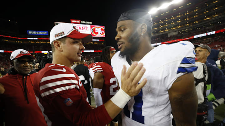 Dallas Cowboys linebacker Micah Parsons (R) San Francisco 49ers quarterback Brock Purdy (L)