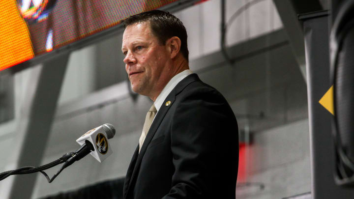 New Missouri athletic director Laird Veatch speaks during a press conference inside Stephens Indoor Facility on April 26, 2024 in Columbia, Mo.