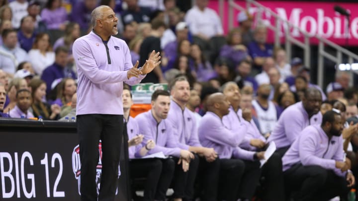 Kansas State coach Jerome Tang calls out plays in the first half of the quarterfinal round in the Big 12 Tournament inside the T-Mobile Center in Kansas City, Mo.