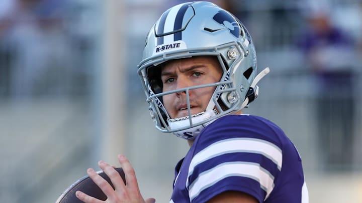 Oct 21, 2023; Manhattan, Kansas, USA; Kansas State Wildcats quarterback Will Howard (18) warms up before the start of a game against the TCU Horned Frogs at Bill Snyder Family Football Stadium. Mandatory Credit: Scott Sewell-Imagn Images