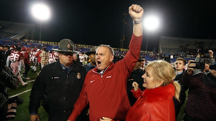 Dec 27, 2024; Memphis, TN, USA; Arkansas Razorbacks head coach Sam Pittman reacts after defeating the Texas Tech Red Raiders at Simmons Bank Liberty Stadium. Mandatory Credit: Petre Thomas-Imagn Images