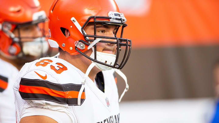 Aug 23, 2018; Cleveland, OH, USA; Cleveland Browns offensive guard Austin Corbett (63) before the game against the Philadelphia Eagles at FirstEnergy Stadium. Mandatory Credit: Scott R. Galvin-Imagn Images