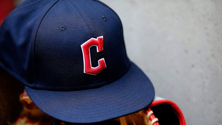 A ball cap sports the Cleveland Guardians logo in the third inning of the MLB Inter-league game between the Cincinnati Reds and the Cleveland Guardians at Great American Ball Park in downtown Cincinnati on Tuesday, April 12, 2022.