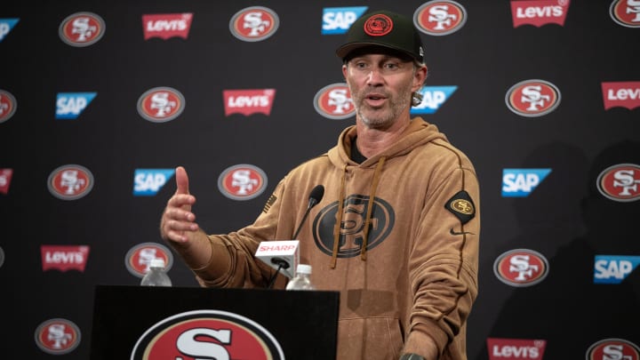 Jul 25, 2024; Santa Clara, CA, USA; San Francisco 49ers defensive coordinator Nick Sorensen answers questions at a press conference following Day 3 of training camp at SAP Performance Facility. Mandatory Credit: D. Ross Cameron-USA TODAY Sports