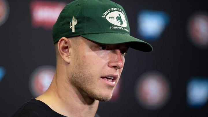 Jul 25, 2024; Santa Clara, CA, USA; San Francisco 49ers running back Christian McCaffrey answers questions at a press conference following Day 3 of training camp at SAP Performance Facility. Mandatory Credit: D. Ross Cameron-USA TODAY Sports