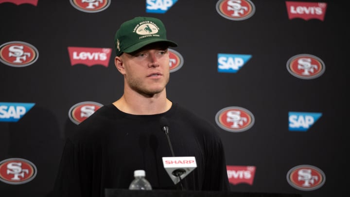 Jul 25, 2024; Santa Clara, CA, USA; San Francisco 49ers running back Christian McCaffrey answers questions at a press conference following Day 3 of training camp at SAP Performance Facility. Mandatory Credit: D. Ross Cameron-USA TODAY Sports