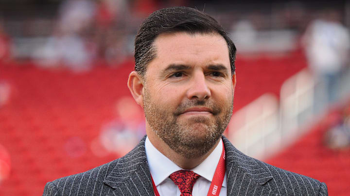 Oct 27, 2024; Santa Clara, California, USA; San Francisco 49ers chief executive officer Jed York on the field before the game against the Dallas Cowboys at Levi's Stadium. Mandatory Credit: Kelley L Cox-Imagn Images