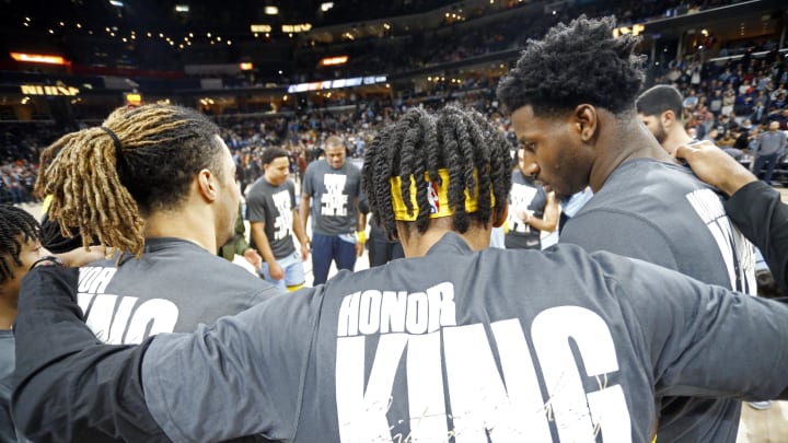 Jan 16, 2023; Memphis, Tennessee, USA; Memphis Grizzlies forward Ziaire Williams (8) and the rest of the Memphis Grizzlies huddle prior to the game against the Phoenix Suns at FedExForum.