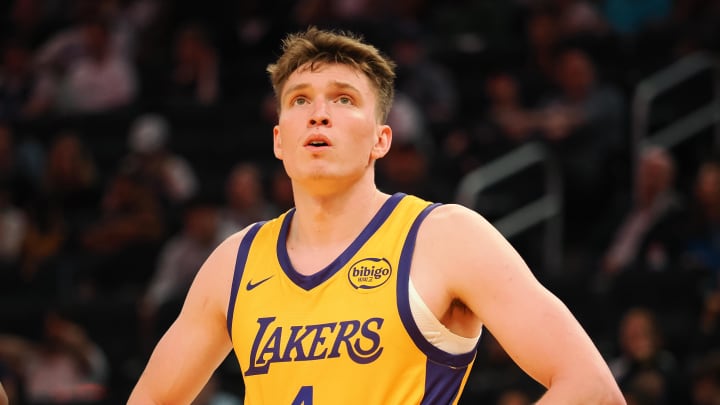 Jul 6, 2024; San Francisco, CA, USA; Los Angeles Lakers guard Dalton Knecht (4) between plays against the Sacramento Kings during the fourth quarter at Chase Center. Mandatory Credit: Kelley L Cox-USA TODAY Sports