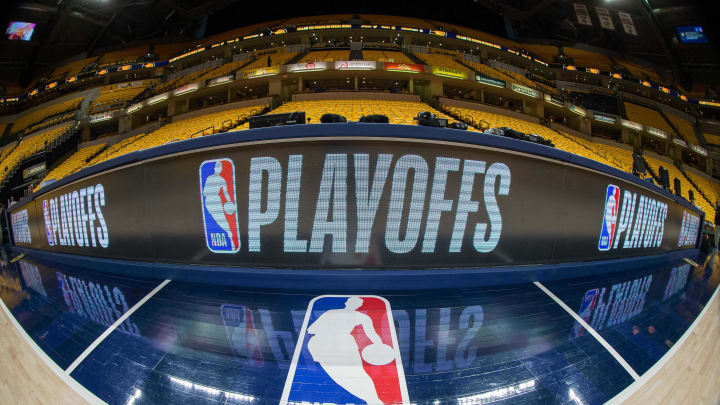 Apr 27, 2018; Indianapolis, IN, USA; A general view of the NBA logo and the playoffs scorer table before game six between the Indiana Pacers and the Cleveland Cavaliers in the first round of the 2018 NBA Playoffs at Bankers Life Fieldhouse. Mandatory Credit: Trevor Ruszkowski-USA TODAY Sports