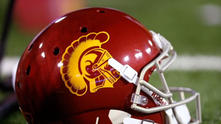 Oct 11, 2014; Tucson, AZ, USA; Detailed view of a Southern California Trojans helmet during the game against the Arizona Wildcats at Arizona Stadium. The Trojans defeated the Wildcats 28-26. Mandatory Credit: Mark J. Rebilas-USA TODAY Sports