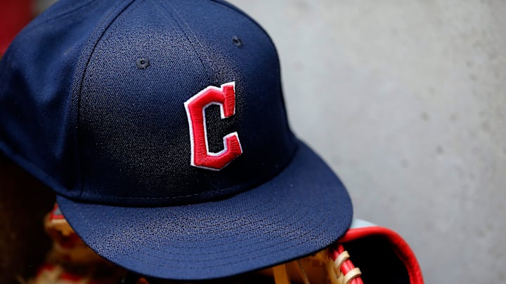 A ball cap sports the Cleveland Guardians logo in the third inning of the MLB Inter-league game between the Cincinnati Reds and the Cleveland Guardians at Great American Ball Park in downtown Cincinnati on Tuesday, April 12, 2022.